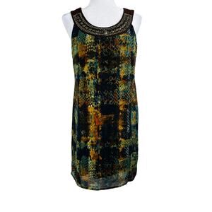 Vintage 90s Rabbit Designs Beaded Mini Dress Brown Abstract Print 6 Y2K Boho